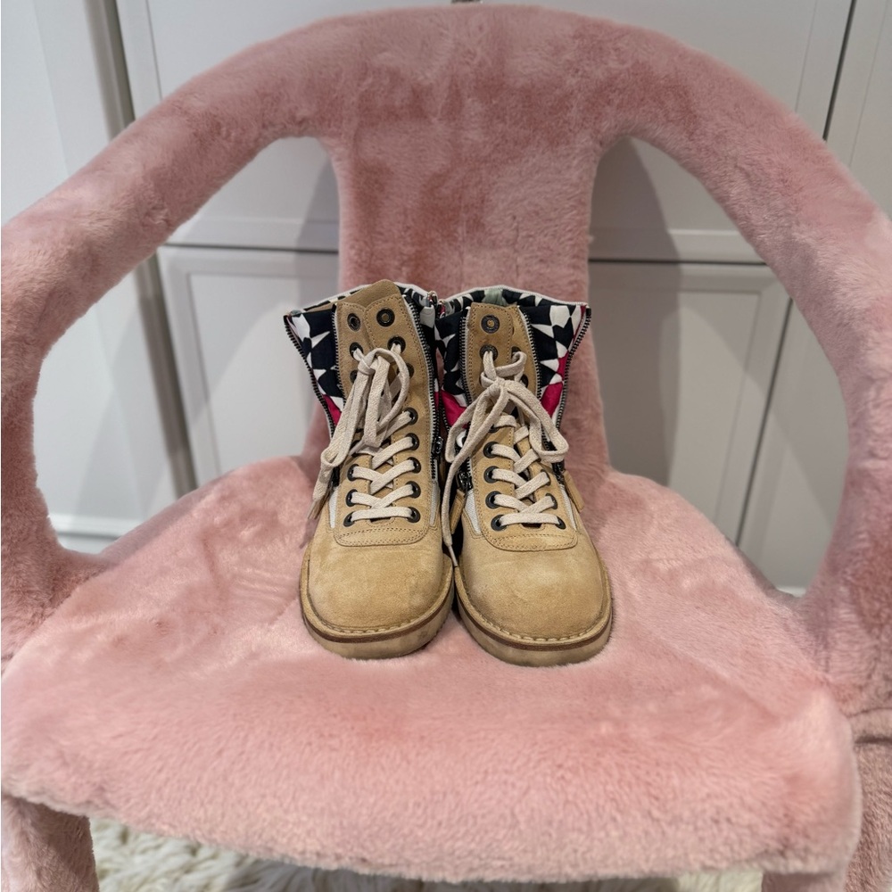 CHANEL Tan Suede Ankle Boots with Black & Pink Patterned Collar